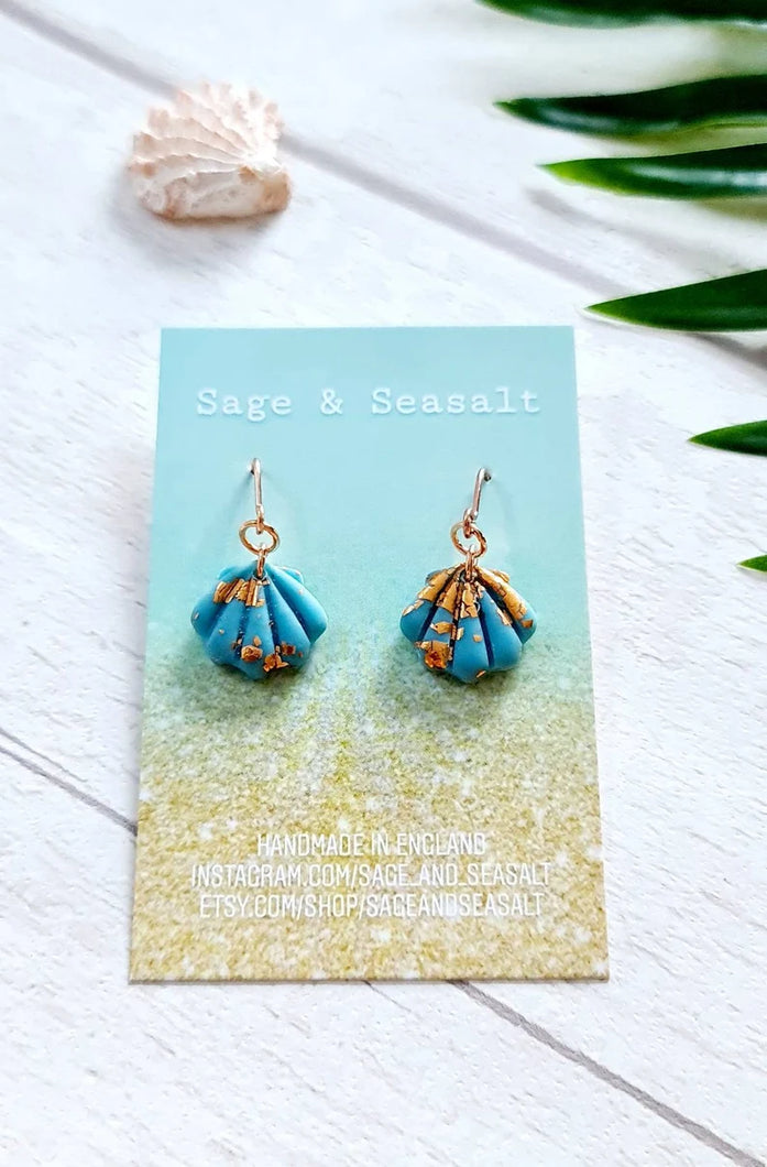 Light Blue & Copper Mini Sea Shell Dangle Earrings ~ Coastal Jewellery